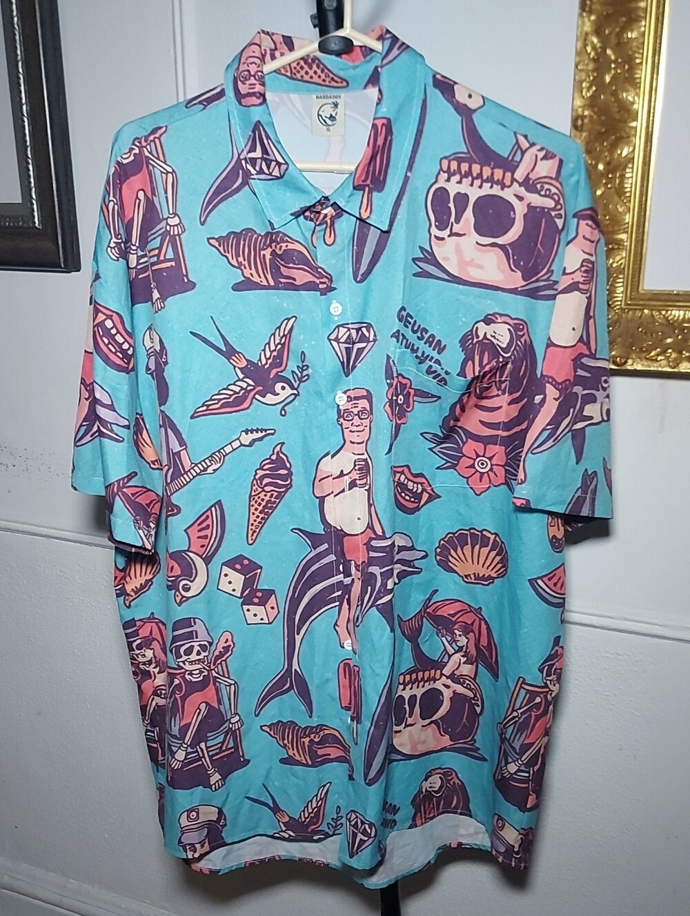 Men's Short Sleeve Tropical Print Shirt - Aqua